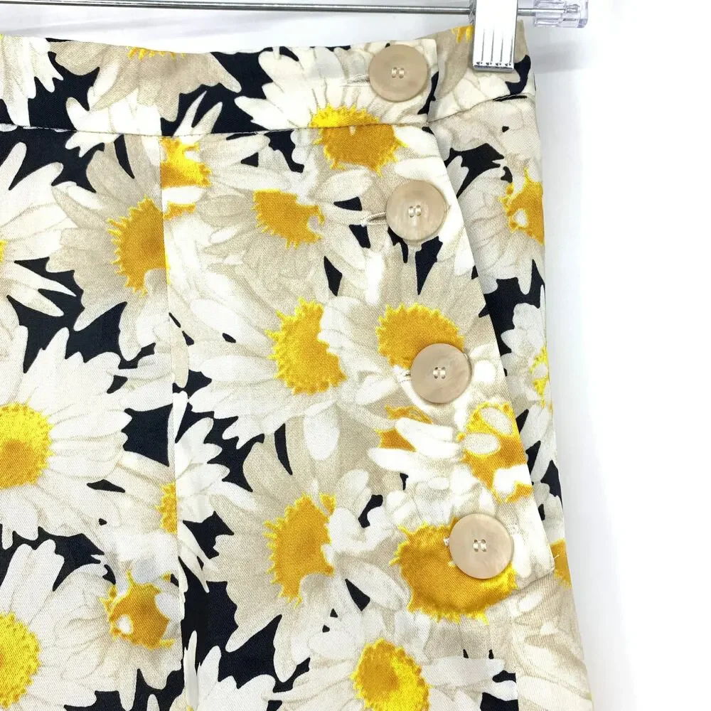 Zara Midi A-Line Skirt Womens Size XS White Yellow Daisy Print Elastic Waist
